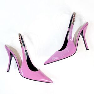 GUCCI Pink Signoria Pointed Toe Slingback Pump Size 38.5 Patent Leather Logo